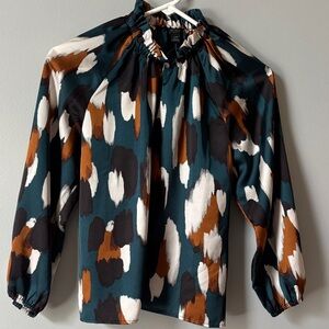 Ann Taylor Teal and Brown Patterned Blouse